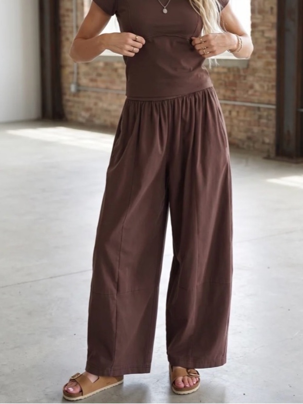 Eesome Wide-Leg Elastic Waist Pants - Brown